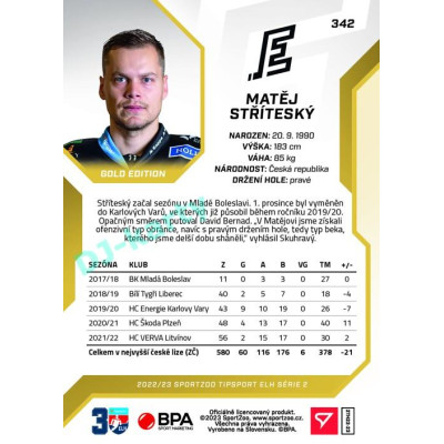 2022/23 Sportzoo ELH 2. série #342 Matěj Stříteský Gold xx/19
