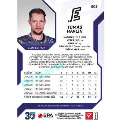 2022/23 Sportzoo ELH 1. série #203 Tomáš Havlín Blue xx/99