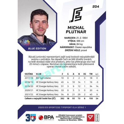 2022/23 Sportzoo ELH 1. série #204 Michal Plutnar Blue xx/99