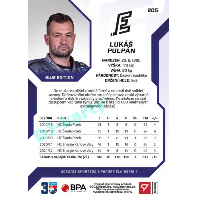 2022/23 Sportzoo ELH 1. série #205 Lukáš Pulpán Blue xx/99