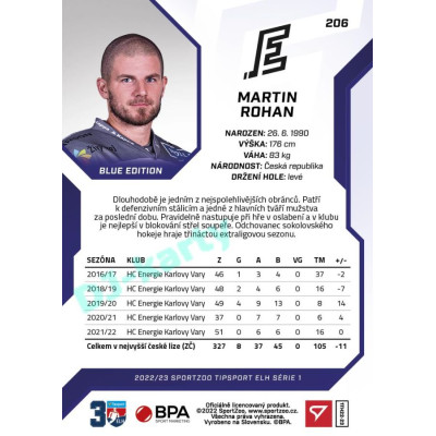 2022/23 Sportzoo ELH 1. série #206 Martin Rohan Blue xx/99