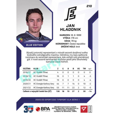2022/23 Sportzoo ELH 1. série #210 Jan Hladonik Blue xx/99