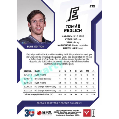 2022/23 Sportzoo ELH 1. série #215 Tomáš Redlich Blue xx/99