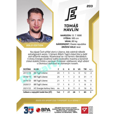 2022/23 Sportzoo ELH 1. série #203 Tomáš Havlín Gold xx/19