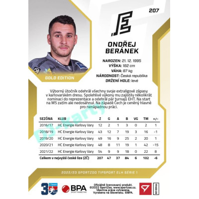 2022/23 Sportzoo ELH 1. série #207 Ondřej Beránek Gold xx/19