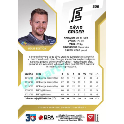 2022/23 Sportzoo ELH 1. série #209 Dávid Gríger Gold xx/19