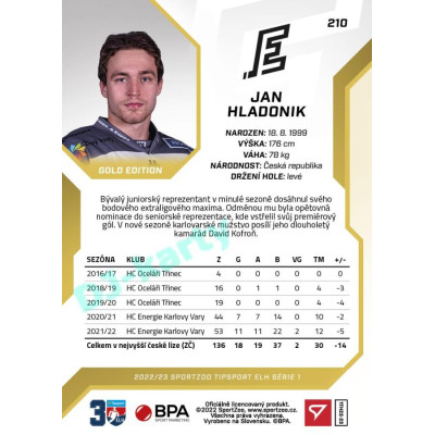 2022/23 Sportzoo ELH 1. série #210 Jan Hladonik Gold xx/19