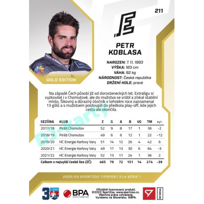 2022/23 Sportzoo ELH 1. série #211 Petr Koblasa Gold xx/19