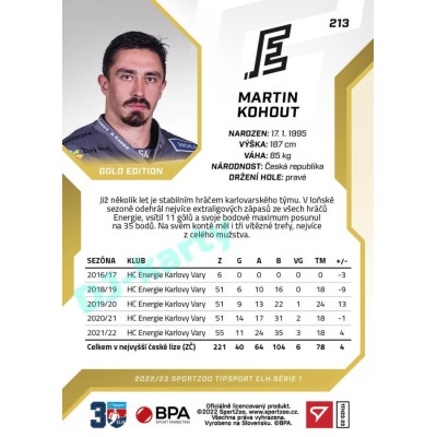 2022/23 Sportzoo ELH 1. série #213 Martin Kohout Gold xx/19