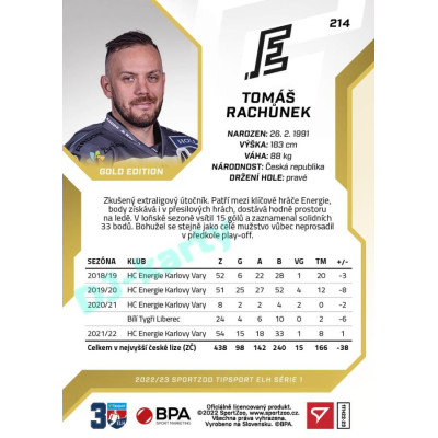 2022/23 Sportzoo ELH 1. série #214 Tomáš Rachůnek Gold xx/19