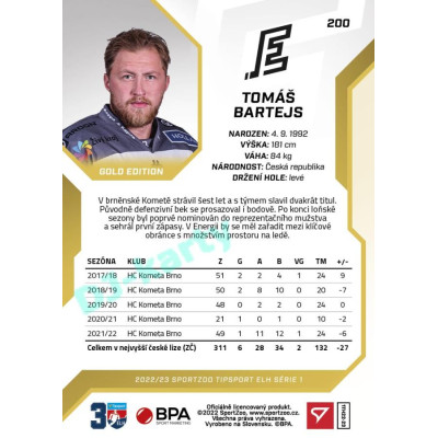 2022/23 Sportzoo ELH 1. série #200 Tomáš Bartejs Gold xx/19