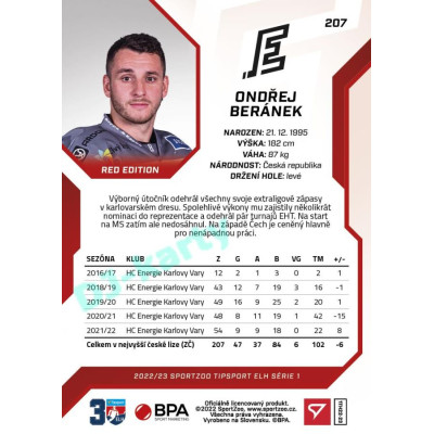 2022/23 Sportzoo ELH 1. série #207 Ondřej Beránek Red xx/49