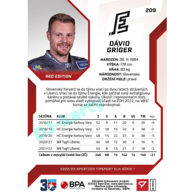 2022/23 Sportzoo ELH 1. série #209 Dávid Gríger Red xx/49