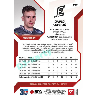 2022/23 Sportzoo ELH 1. série #212 David Kofroň Red xx/49