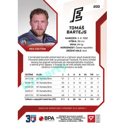 2022/23 Sportzoo ELH 1. série #200 Tomáš Bartejs Red xx/49
