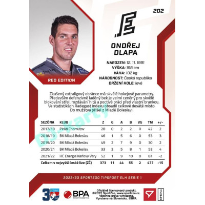 2022/23 Sportzoo ELH 1. série #202 Ondřej Dlapa Red xx/49
