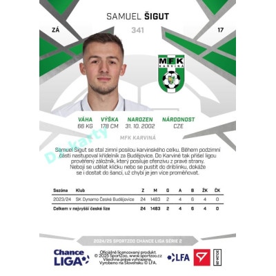 2024/25 Sportzoo Chance Liga 2. série #341 Samuel Šigut