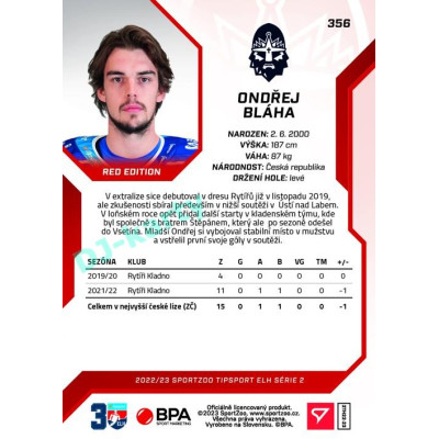 2022/23 Sportzoo ELH 2. série #356 Ondřej Bláha Red xx/49
