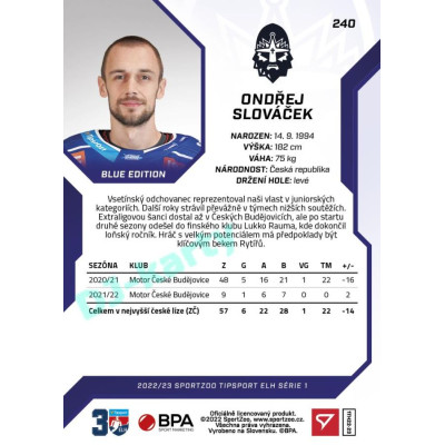 2022/23 Sportzoo ELH 1. série #240 Ondřej Slováček Blue xx/99