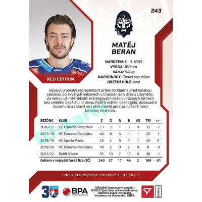 2022/23 Sportzoo ELH 1. série #243 Matěj Beran Red xx/49