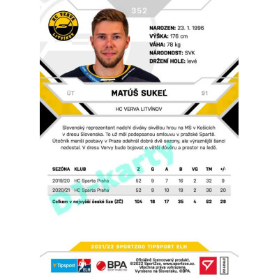 2021/22 Sportzoo TIPSPORT ELH 2. série #352 Matúš Sukeľ