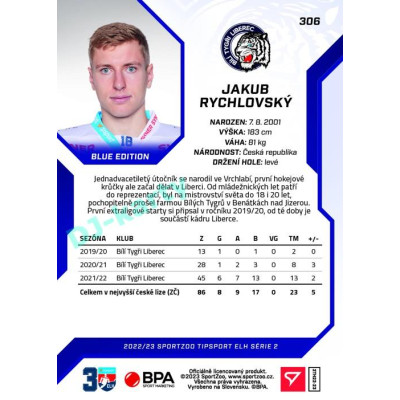 2022/23 Sportzoo ELH 2. série #306 Jakub Rychlovský Blue xx/99
