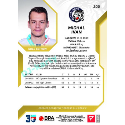 2022/23 Sportzoo ELH 2. série #302 Michal Ivan Gold xx/19