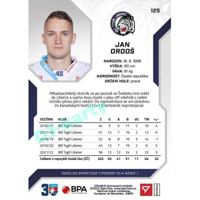 2022/23 Sportzoo ELH 1. série #125 Jan Ordoš