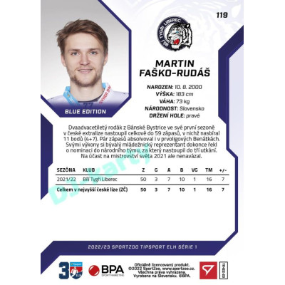 2022/23 Sportzoo ELH 1. série #119 Martin Faško-Rudáš Blue xx/99