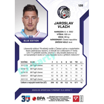 2022/23 Sportzoo ELH 1. série #126 Jaroslav Vlach Blue xx/99