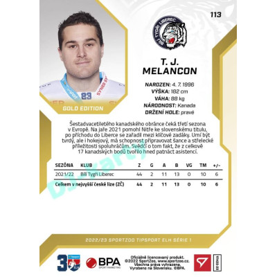 2022/23 Sportzoo ELH 1. série #113 T.J. Melancon Gold xx/19