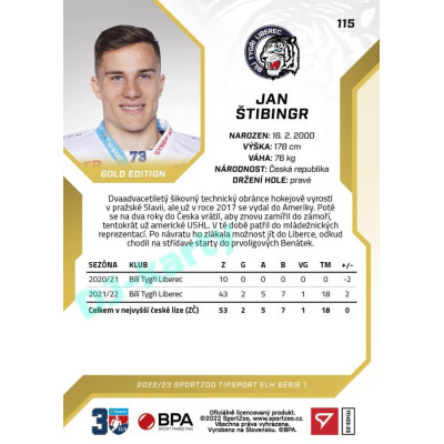 2022/23 Sportzoo ELH 1. série #115 Jan Štibingr Gold xx/19