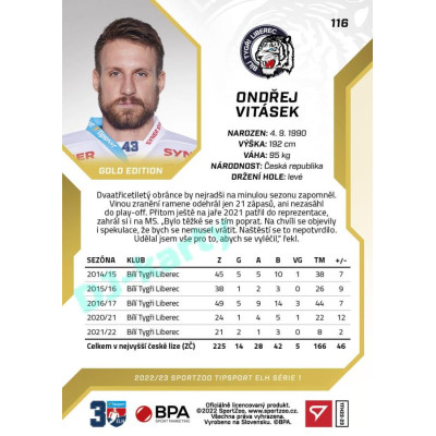 2022/23 Sportzoo ELH 1. série #116 Ondřej Vitásek Gold xx/19