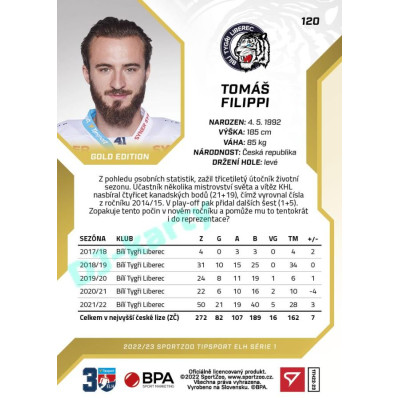 2022/23 Sportzoo ELH 1. série #120 Tomáš Filippi Gold xx/19