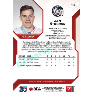 2022/23 Sportzoo ELH 1. série #115 Jan Štibingr Red xx/49