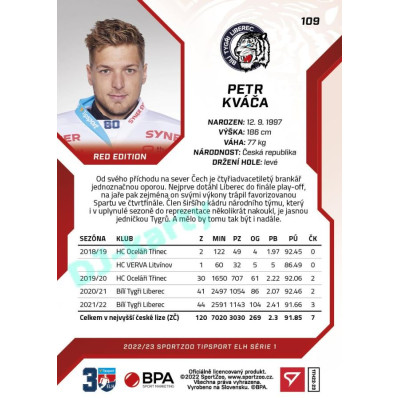 2022/23 Sportzoo ELH 1. série #109 Petr Kváča Red xx/49