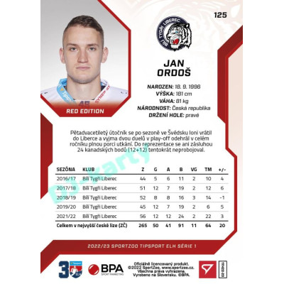2022/23 Sportzoo ELH 1. série #125 Jan Ordoš Red xx/49