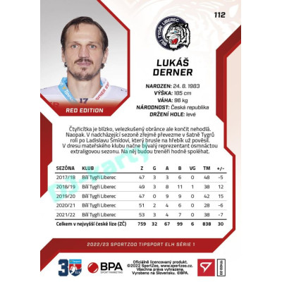 2022/23 Sportzoo ELH 1. série #112 Lukáš Derner Red xx/49