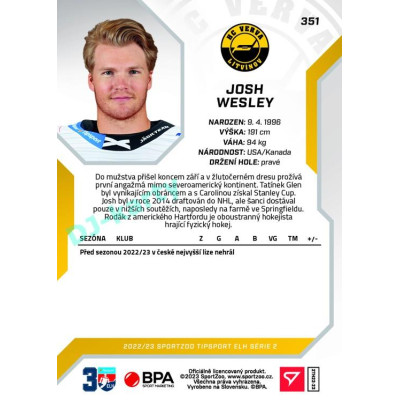 2022/23 Sportzoo ELH 2. série #351 Josh Wesley