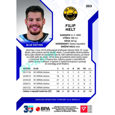 2022/23 Sportzoo ELH 2. série #353 Filip Helt Blue xx/99
