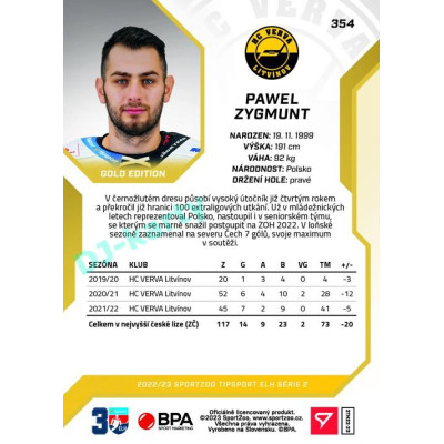 2022/23 Sportzoo ELH 2. série #354 Pawel Zygmunt Gold xx/19
