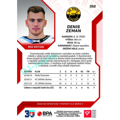 2022/23 Sportzoo ELH 2. série #352 Denis Zeman Red xx/49