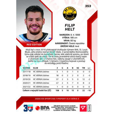 2022/23 Sportzoo ELH 2. série #353 Filip Helt Red xx/49
