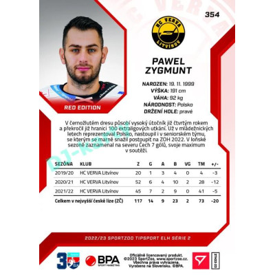 2022/23 Sportzoo ELH 2. série #354 Pawel Zygmunt Red xx/49