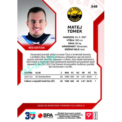 2022/23 Sportzoo ELH 2. série #348 Matej Tomek Red xx/49