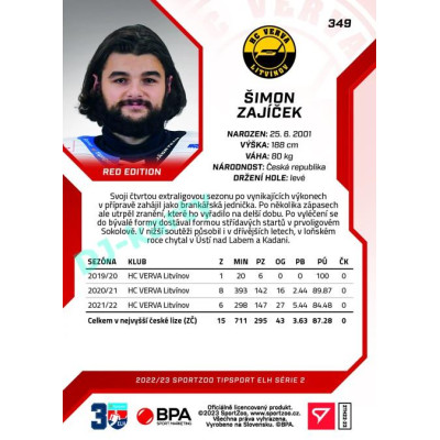 2022/23 Sportzoo ELH 2. série #349 Šimon Zajíček Red xx/49