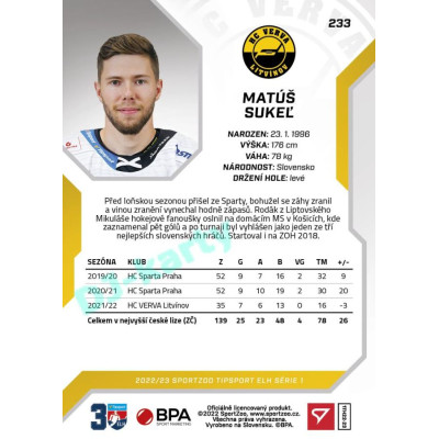 2022/23 Sportzoo ELH 1. série #233 Matúš Sukeľ