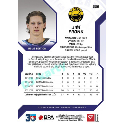 2022/23 Sportzoo ELH 1. série #226 Jiří Fronk Blue xx/99