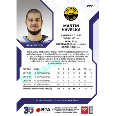 2022/23 Sportzoo ELH 1. série #227 Martin Havelka Blue xx/99
