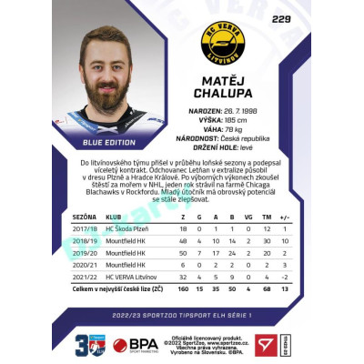 2022/23 Sportzoo ELH 1. série #229 Matěj Chalupa Blue xx/99